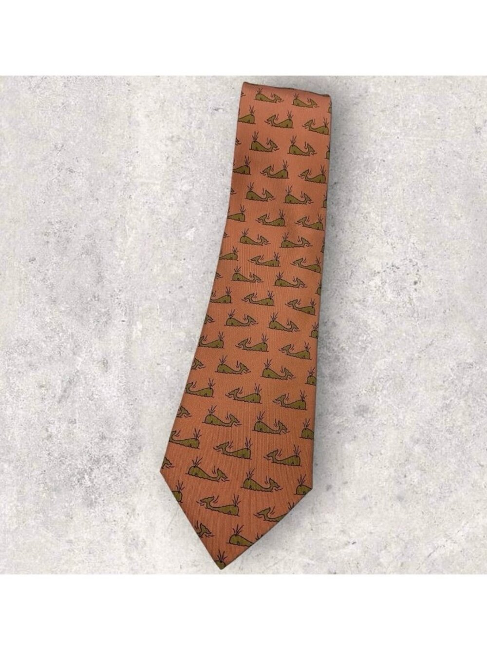 HERMÈS 7294 EA Silk Tie FRANCE Orange Green Whale W:3.4" EUC